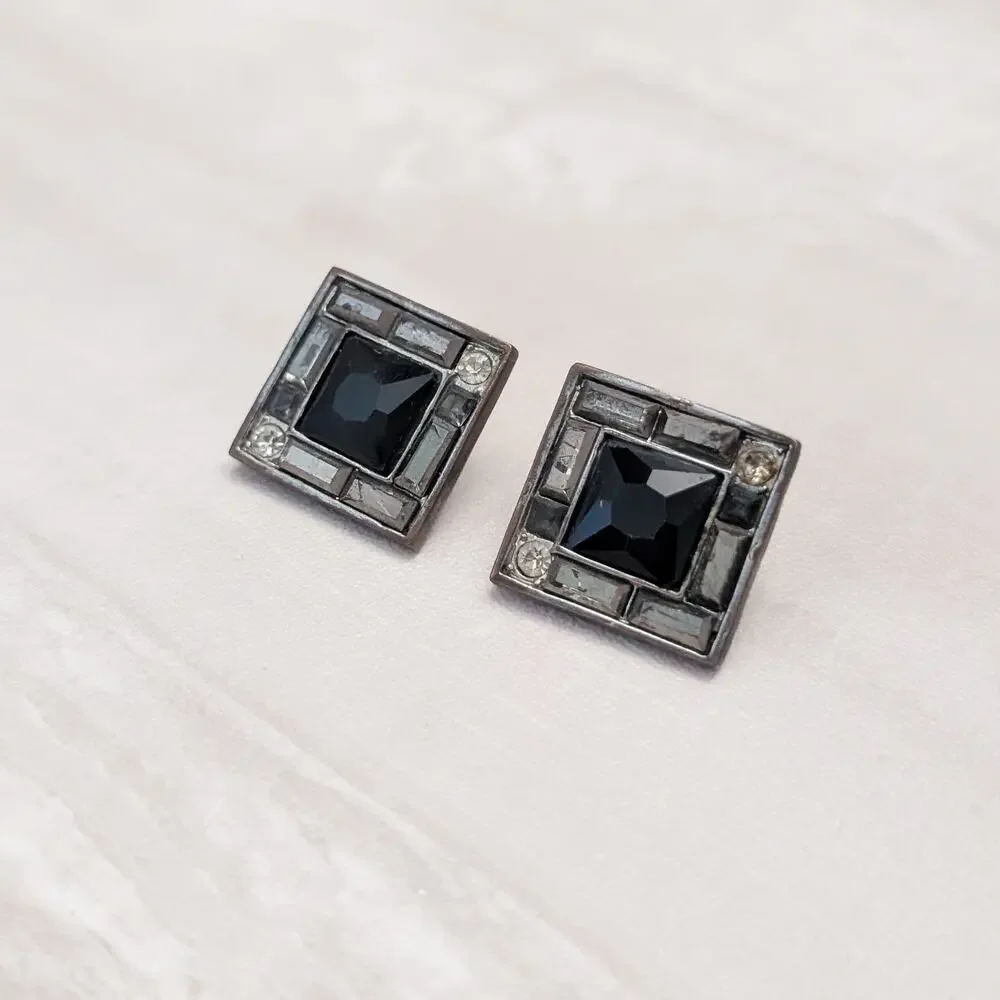 Vintage Stud Earrings Retro Black & Smokey Tones Statement - Fair Condition